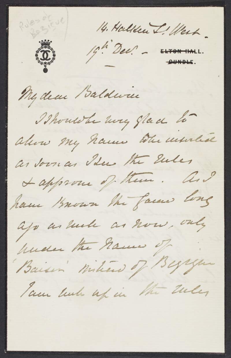 Letter from Granville Proby, 4th Earl of Carysfort, to Baldwin regarding business matters and travel plan,