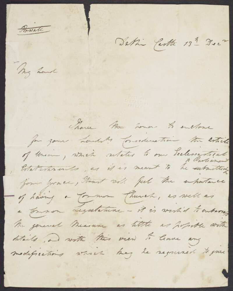 Letter from Robert Stewart, Viscount Castlereagh and 3rd Marquess of Londonderry, to an unidentified recipient regarding the article of union,