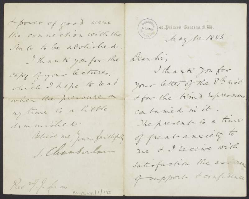 Letter from Joseph Chamberlain to Rev. J. J. Lias regarding the "Disestablishment Question",