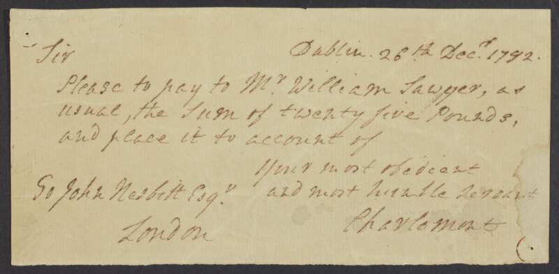 Letter from James Caulfeild, 1st Earl of Charlemont, to John Nesbitt regarding the payment of a lawyer called Mr. William,