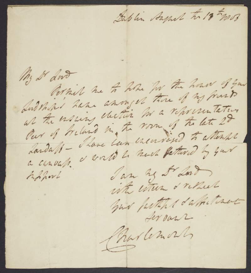 Letter from Francis Caulfeild, 2nd Earl of Charlemont, to an unidentified recipient regarding the ensuing election for a representative peer of Ireland,