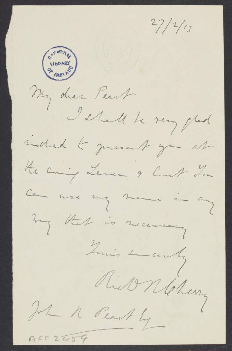 Letter from Richard R. Cherry to John R. Peart agreeing to present Peart at court,