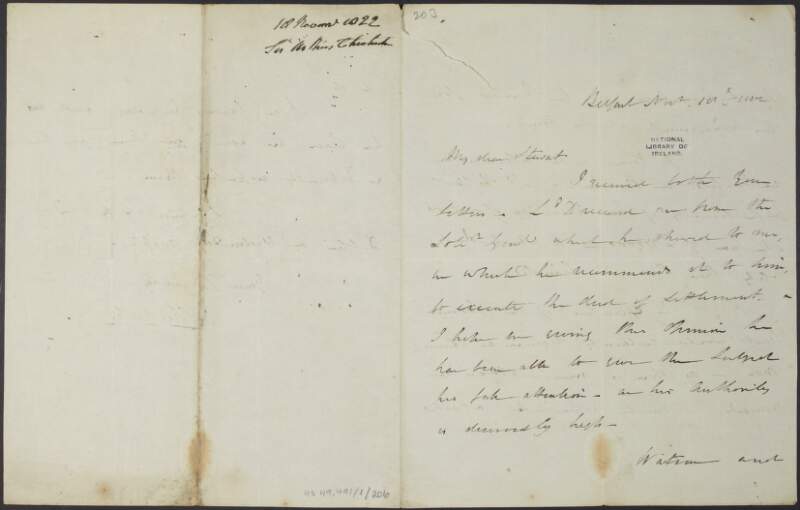 Letter from Arthur Chichester, 1st Baron Templemore, to "Stewart" regarding business matters,