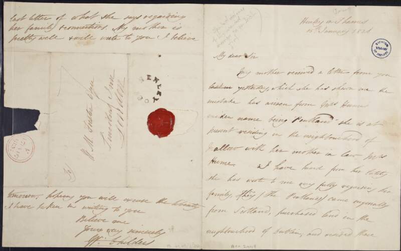 Letter from W. Childers to a "M. Forster" defending his intention to marry an Irish woman called "Mrs Hume" née Pentland,