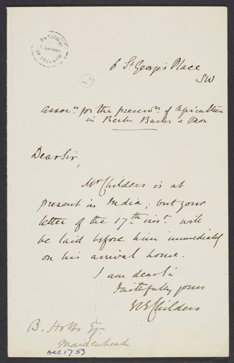 Letter written on behalf of  Robert Erskine Childers to B. Hobbs, informing him that he is in India,