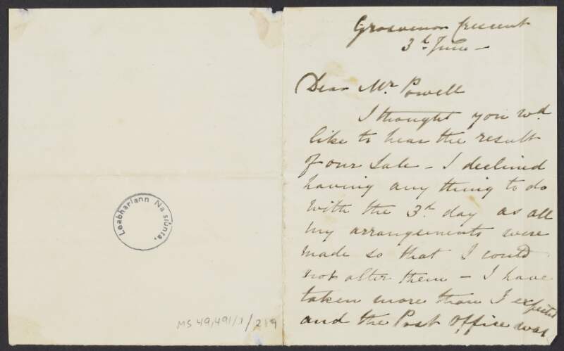 Letter from Lady Katherine Clarendon, Grosvenor Crescent, to a Mr. Powell regarding packages from the post office,