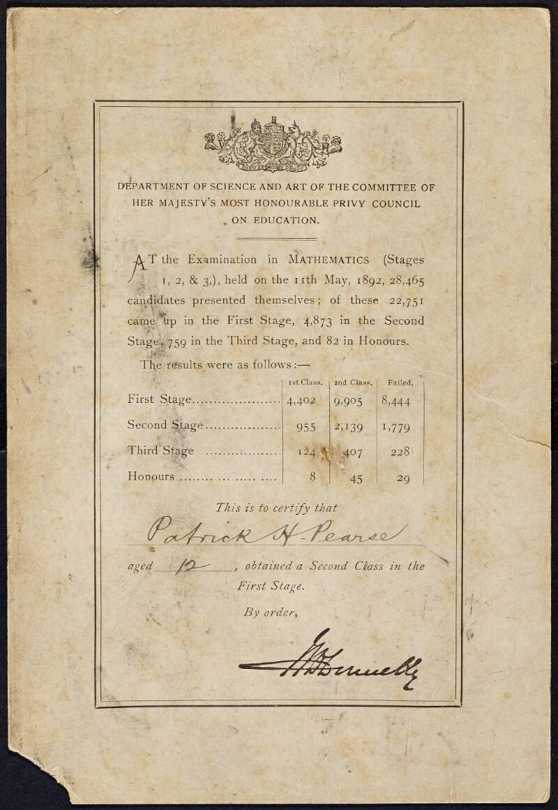 Department of Science and Art of the Committee of Her Majesty's Most Honourable Privy Council on Education certificate in Mathematics awarded to Patrick H. Pearse aged 12, who obtained a second class in the first stage,