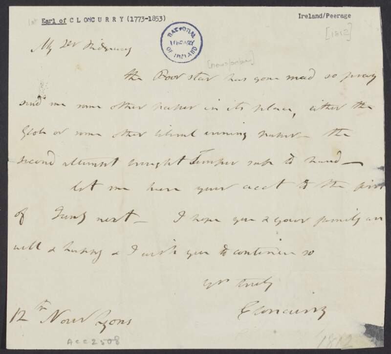 Letter from Valentine Browne Lawless, Lord Cloncurry, to "My Dear Ridgeway" regarding the Star newspaper,