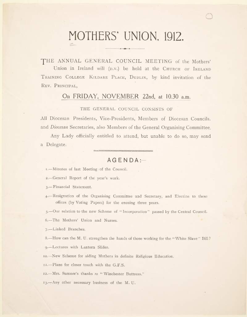Mothers' Union 1912 : agenda.