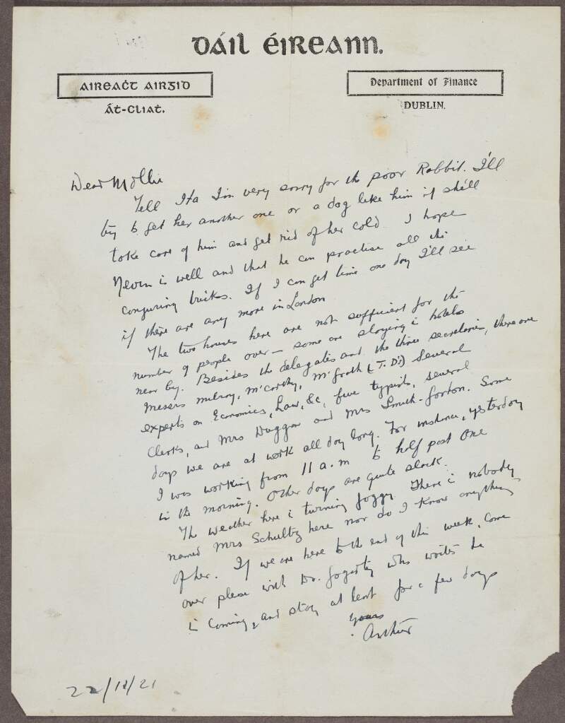 Letter to Maud 'Mollie' Griffith, from her husband Arthur Griffith, written from London,
