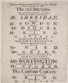 [At the Theatre-Royal in Smock-Alley] : this present Wednesday, being the 6th of February, 1754, will be presented, a comedy, called, The old Batchelor. (Being the last Time of performing it this Season.) : The part of Fondlewife to be performed by Mr. Sheridan...Belmour by Mr. Digges...and the part of Laetitia to be performed by Mrs. Woffington. : In the third Act, and at the End of the Play, Singing by Mrs. Storer : To which will be added, a Pantomime Entertainment, called, The Constant Captives...