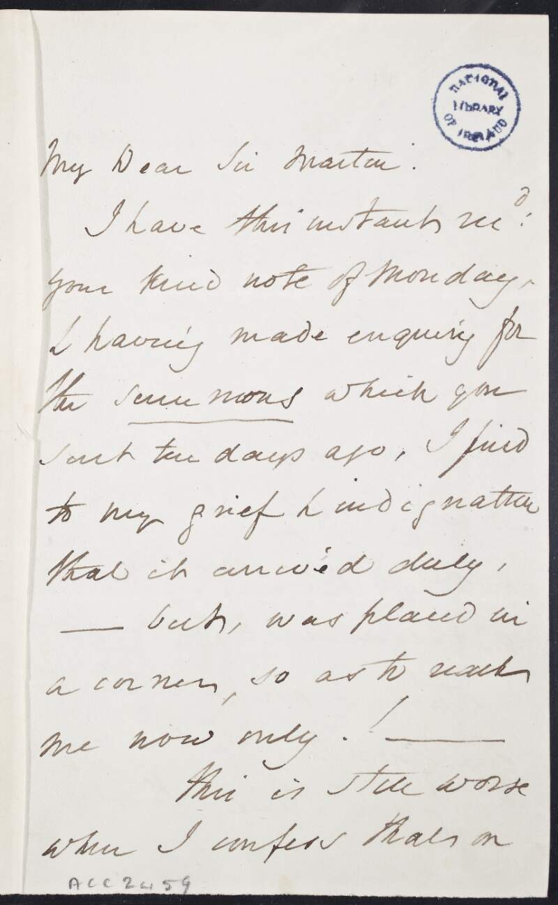 Letter from C.R. Cockerell to Sir Martin Archer Shee,