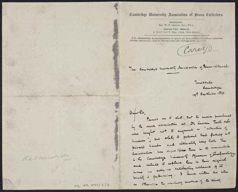 Letter from Robert Alexander Stewart MacAllister to unknown recipient concerning the purchase of brasses by the Cambridge University Association of Brass Collectors,
