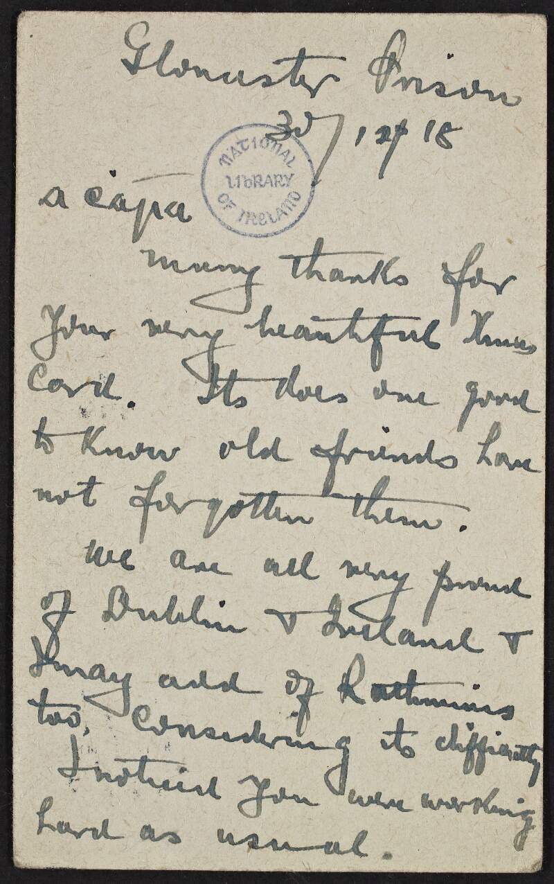 Postcard from Joseph McGuinness [Seosamh Mac Aongusa], Gloucester Prison, England,  to Crissie M. Doyle,