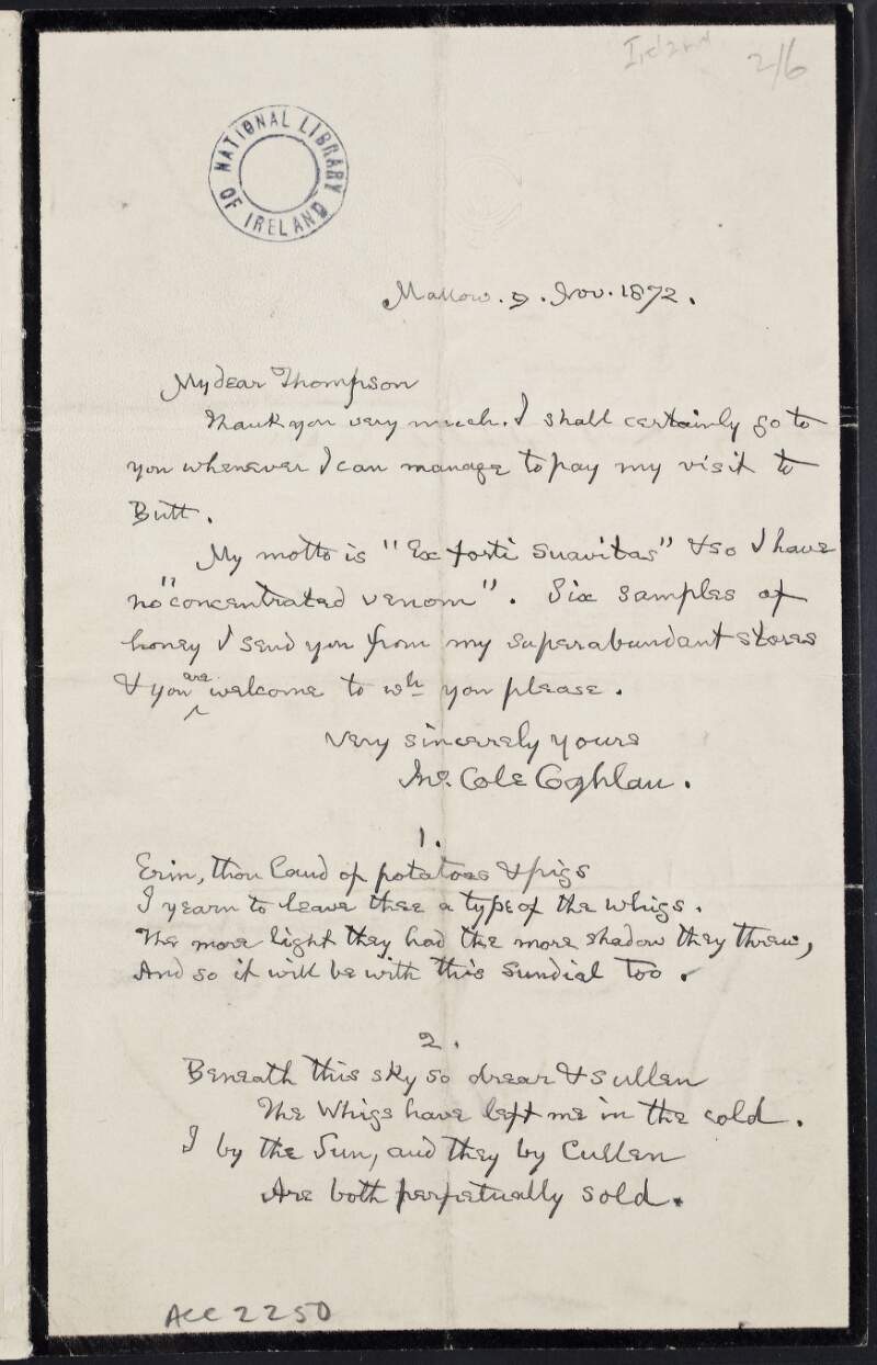 Letter from John Cole Coghlan to "Thompson" stating his desire to visit him.