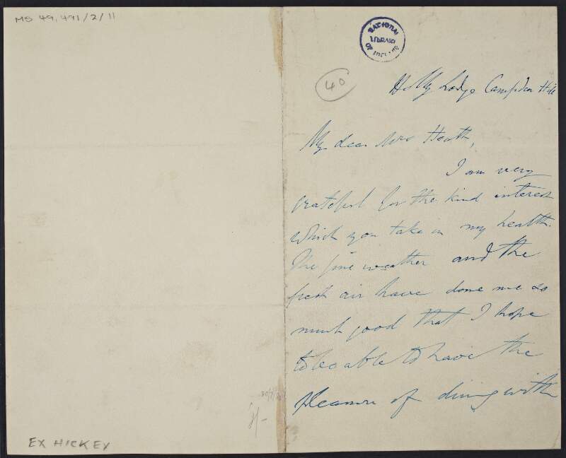 Letter from Thomas Babington Macaulay to a Mrs. Heath regarding his health,