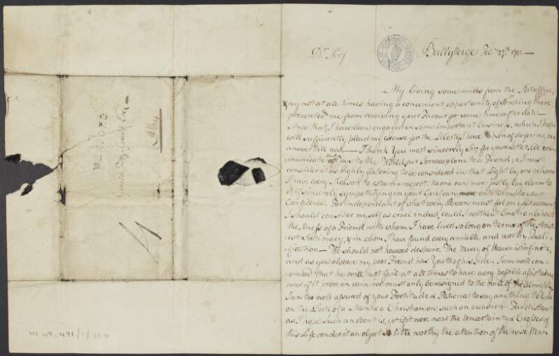 Letter from John H. Colclough to Gerald Fitzgerald of Athy expressing his sorrow regarding a loss of a friend during the time of Irish Rebellion,