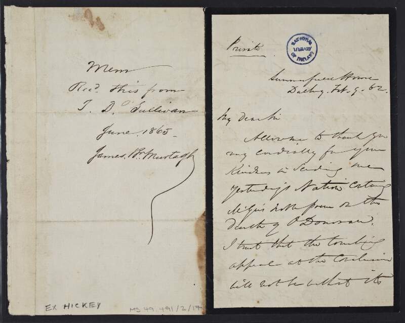 Letter from Denis Florence MacCarthy to the editor of 'The Nation' concerning an article on the death of John O'Donovan,