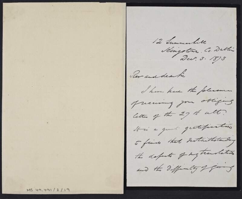 Letter from Denis Florence MacCarthy to Reverend J. Spencer Northcote, concerning MacCarthy's translations of the plays of Pedro Calderón de la Barca,