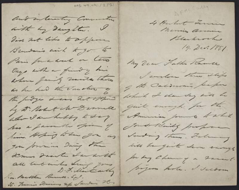 Letter from Denis Florence MacCarthy to Father Matthew Russell, concerning an article on Pedro Calderón de la Barca for publication in an American journal and various personal matters relating to MacCarthy's children ,