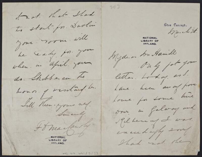 Letter from F.D. MacCarthy to a Mrs. Hamill, apologising for not visiting when he was in town,
