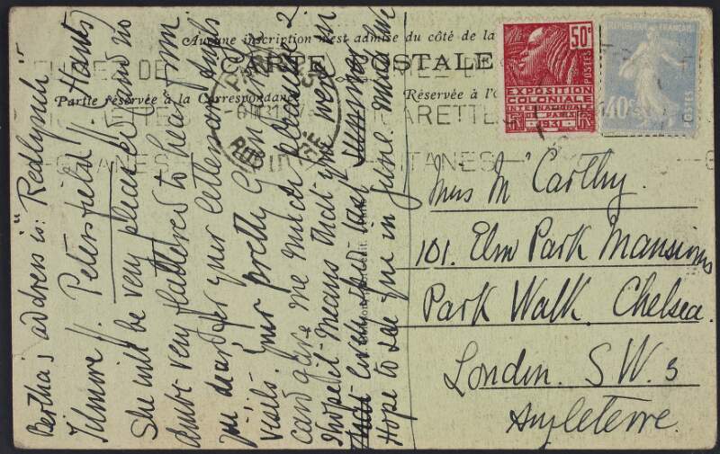 Postcard from [Justin H. McCarthy?], France, to a Mrs. McCarthy providing an address for "Bertha" and encouraging her to write,