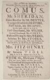 [Theatre-Royal] This present Thursday, being the 16th of February, 1758, will be performed the Masque of Comus : the part of Comus to be performed by Mr. Sheridan...and the part of the Lady to be performed by Mrs. Fitz-Henry : with new dances, by Signor Tioli...to which will be added, a Pantomime-Entertainment, (the fourth Night) called, The Whim : or, Harlequinn Villager...to conclude with a New Dance, &c.