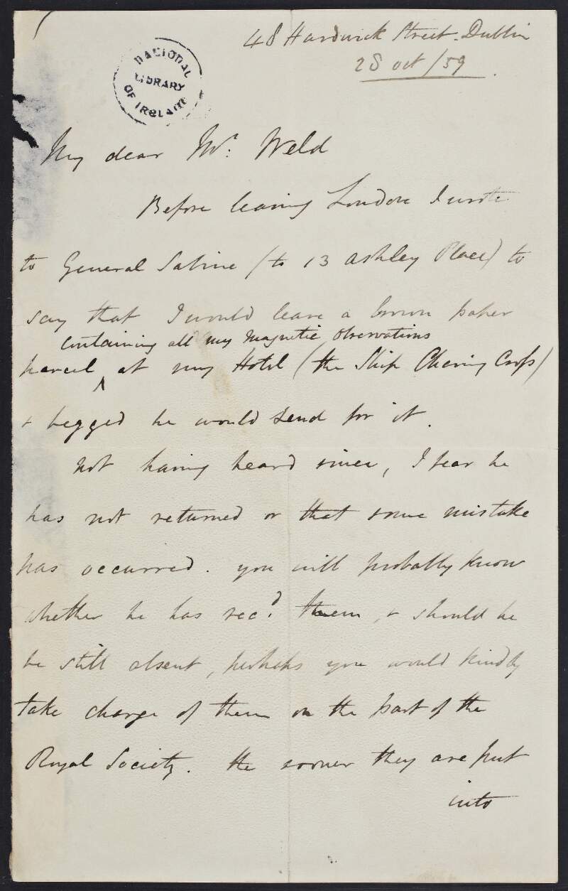 Letter from Sir Francis Leopold M'Clintock to Charles Richard Weld, concerning a parcel containing his "arctic observations" which he wished to send to the Royal Society,