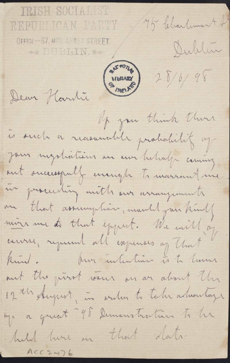 Letter from James Connolly to James Keir Hardie, discussing the topic of Workers Union and mentions the idea of advertising in 'The Workers' Republic',