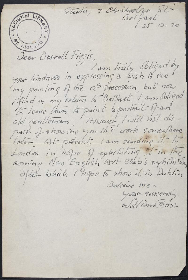 Letter from William Conor to Darrell Figgis, explaining that he is returning to Belfast to paint a potrait of an old gentleman and that he can view his painting at a later date.