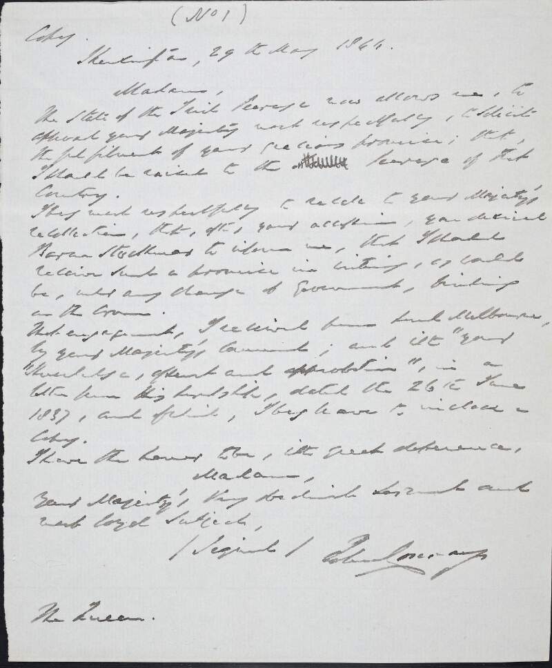 Copy letter from Sir John Conroy to Queen Victoria discussing the state of the Irish Peerage and that it solicits the approval of the Queen,