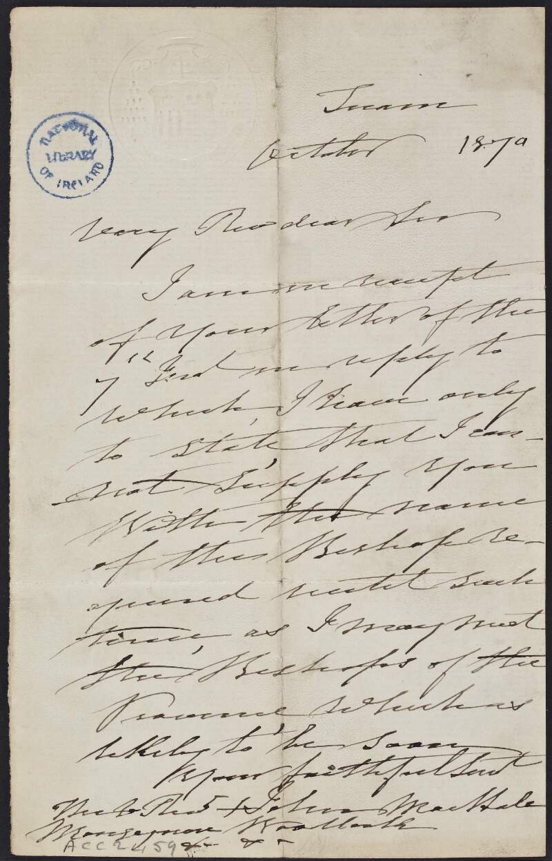 Letter from John McHale to unknown recipient, replying to a letter received,