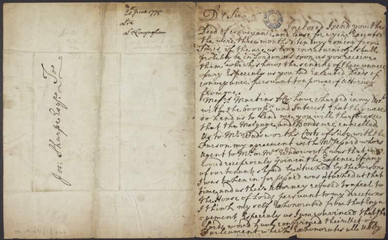 Letter from Henry Conyngham to Joseph Sharpe, regarding a deed of conveyance and lease,