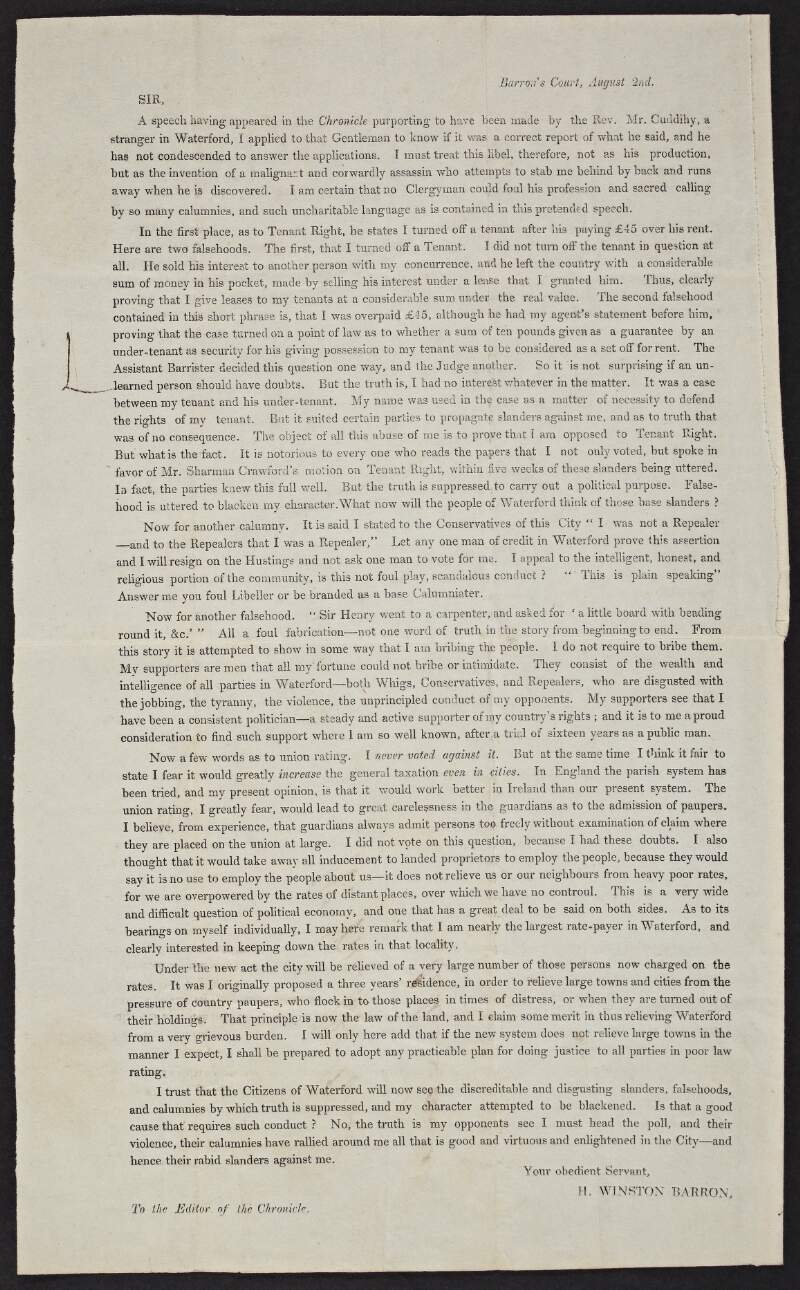 Sir : a speech having appeared in the [Waterford] Chronicle ... /