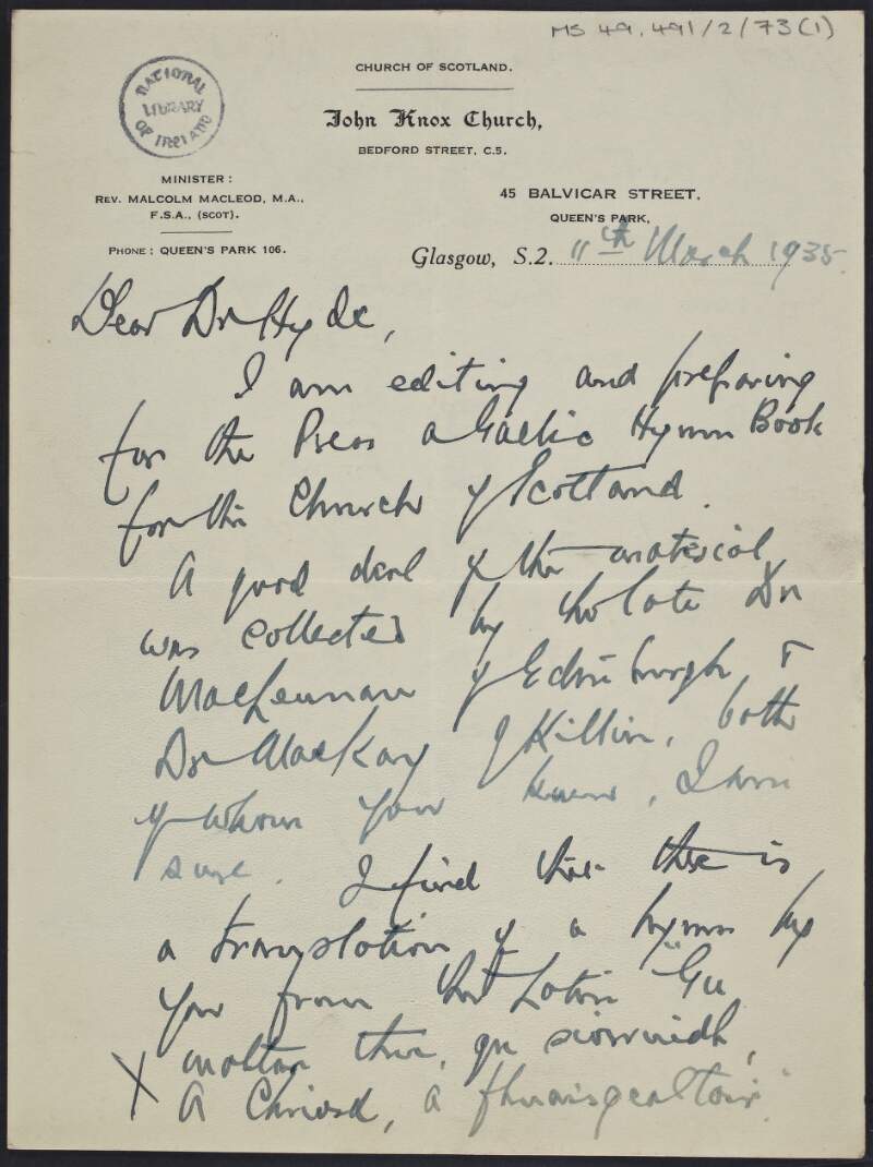 Letter from Colm MacLeod, Glasgow, Scotland, to Douglas Hyde, concerning the production of a Gaelic Hymn Book to include translations of hymns by Hyde,
