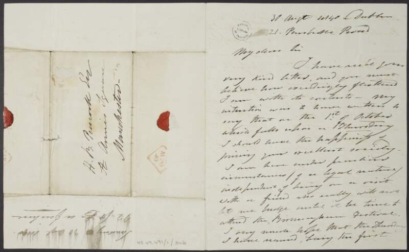 Letter from Thomas Cooke to H.B. Peacock, regarding a visit and refers to the Birmingham Festival,