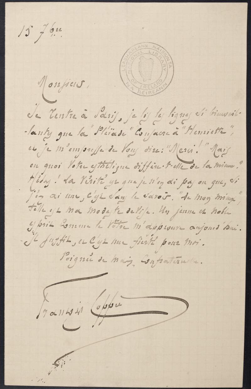 Letter from Fracois Coppée to unkown recipient, regarding his poetry,
