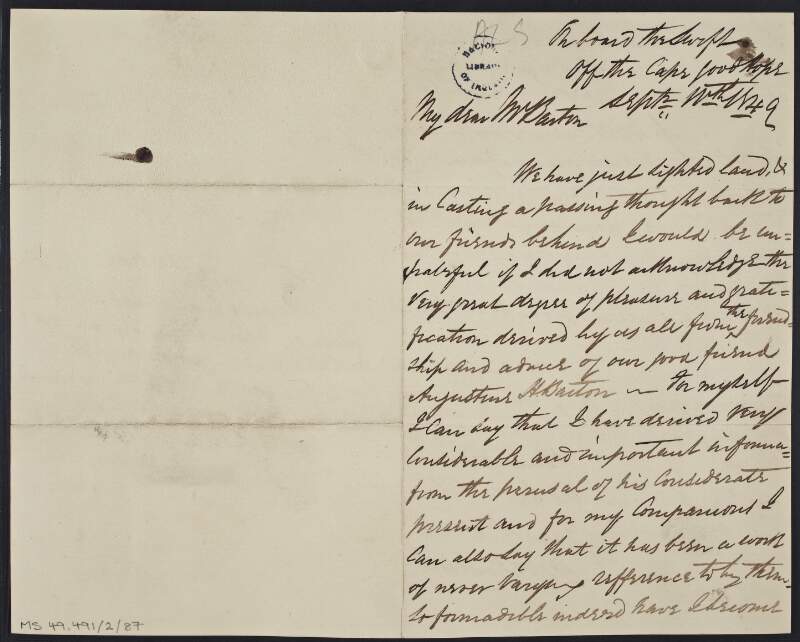 Letter from Terence Bellew McManus, on board the "Swift", off the Cape of Good Hope, to Augustus H. Barton, thanking him for his assistance and updating him on the welfare of himself and his fellow prisoners,