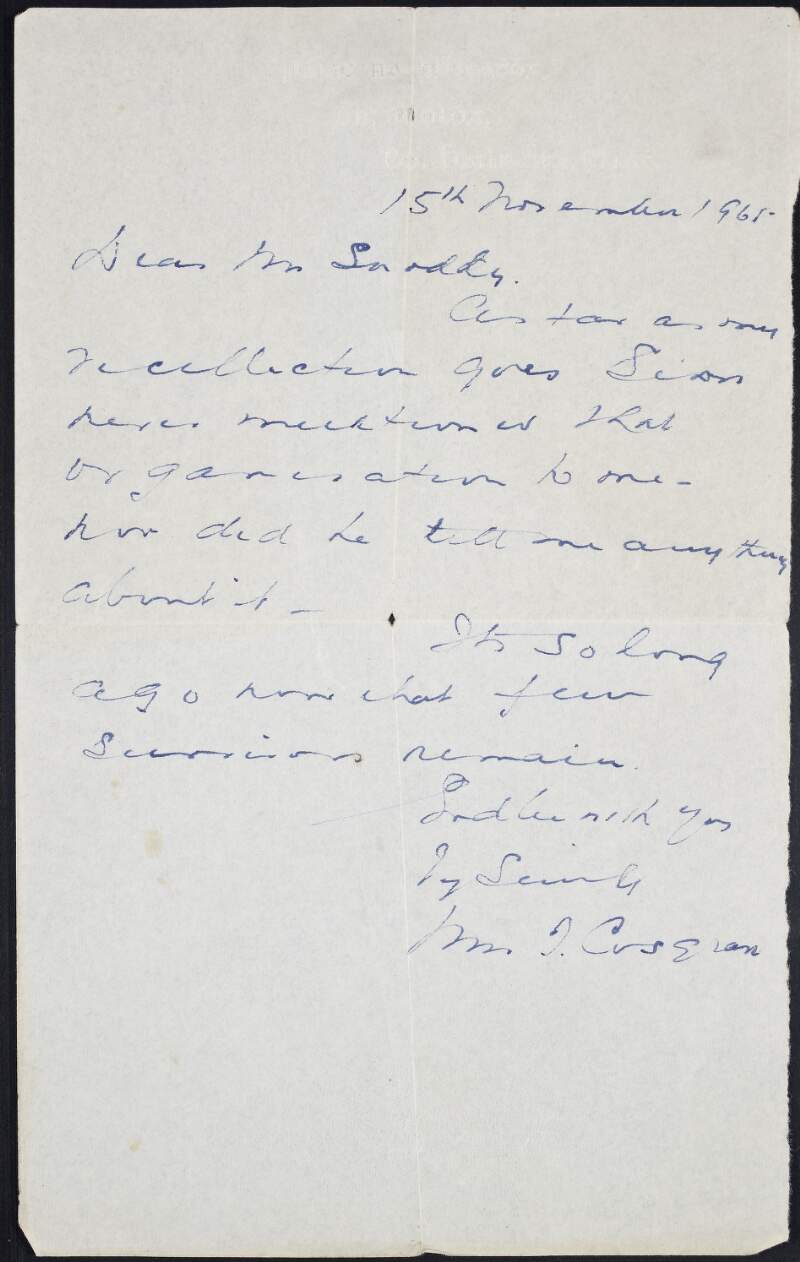 Letter from William Thomas Cosgrave to Mr. Snoddy, concerning a query,