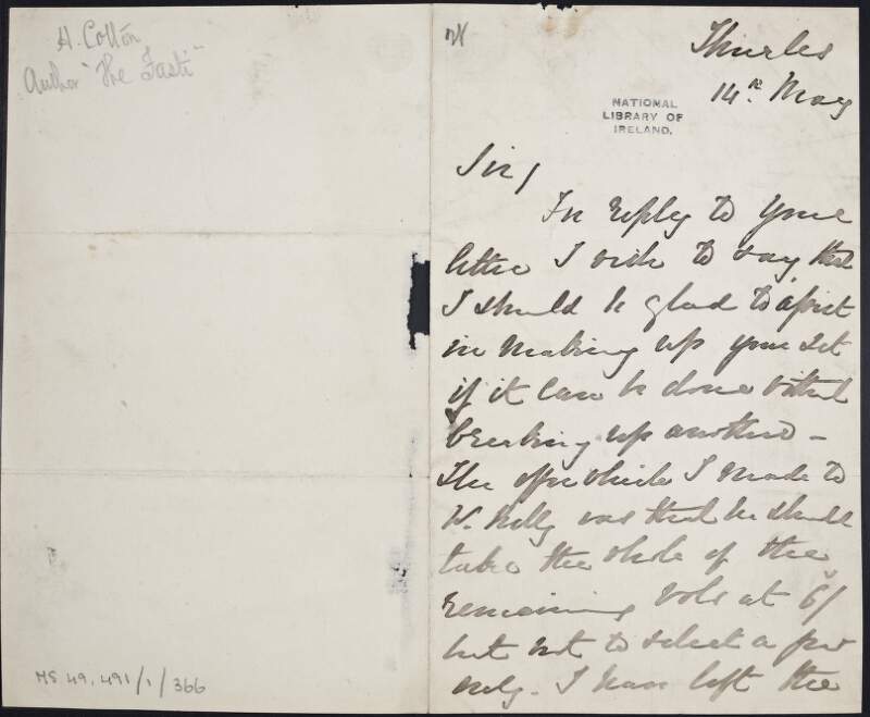 Letter from Henry Cotton to unknown recipient, referring to the 'Fasti',