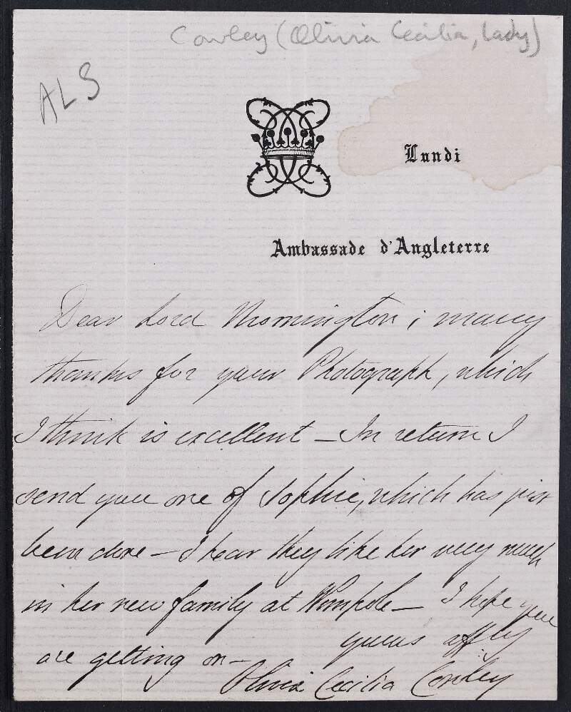 Letter from Honorable Olivia Cecilia Cowley, to Lord Mornington, sending her thanks for a photograph he sent to her and in return she sent him a photograph of "Sophie",