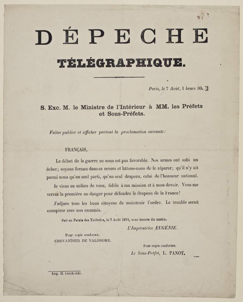 Dépeche Télégraphique, le 7 août, Paris : S. Exc. M. le Ministre de l'Intérieur a MM. Les Préfets et sous-préfets