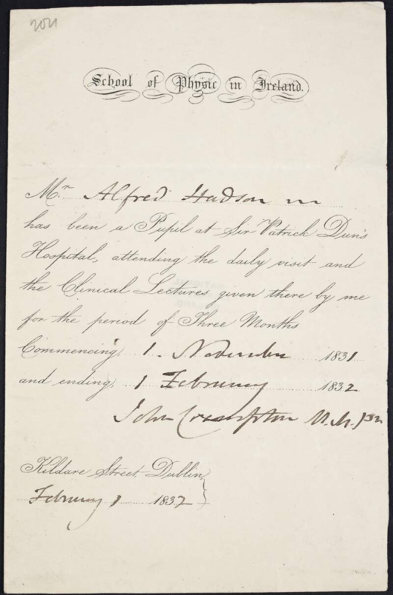 Note from John Crampton to unidentified recipient, concerning the education of Alfred Hudson,