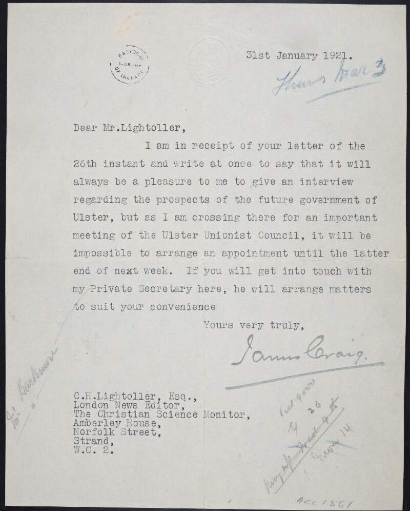 Letter from James Craig to C. H. Lightoller, agreeing to do an interview on the prospects of the future government of Ulster,