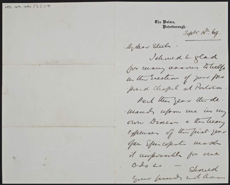 Letter from William Connor Magee to John Steele, regretting that he would be unable to attend the opening of a chapel in Portora, Enniskillen, County Fermanagh,