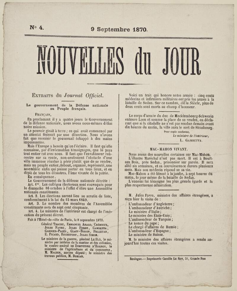 Nouvelles du jour, 9 septembre 1870 : extraits du journal officiel