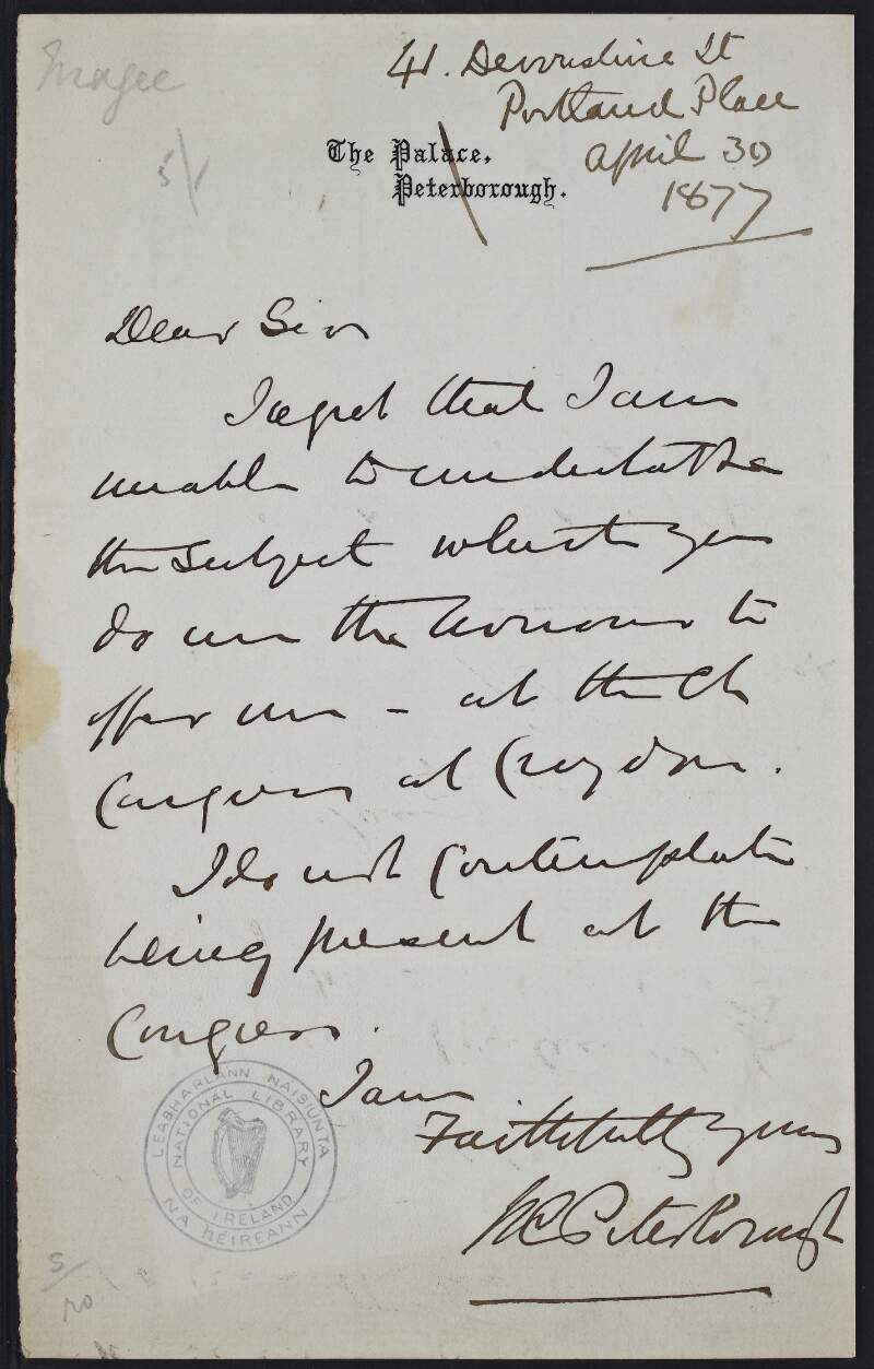 Letter from William Connor Magee to unknown recipient, stating that he will not be attending a congress,