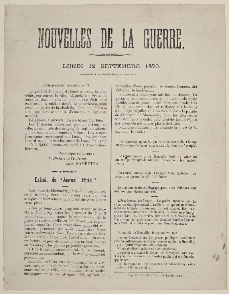 Nouvelles de la guerre : lundi 12 september 1870.