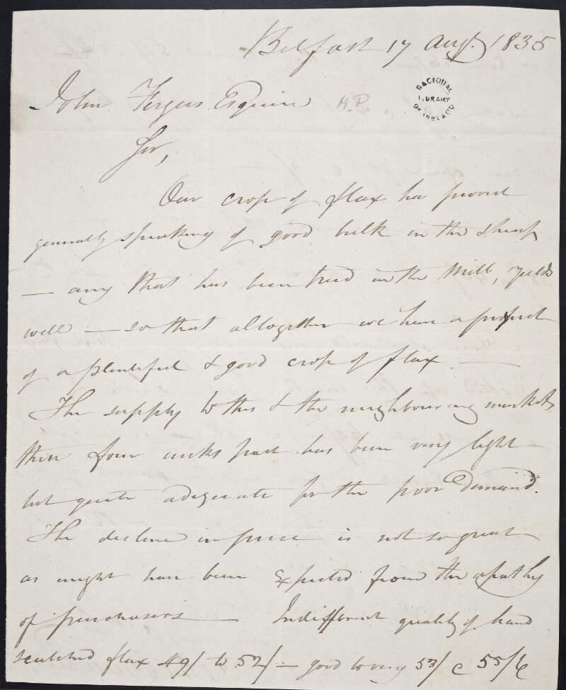 Letter from John Cramsie to John Fergus, concerning prices of various goods,