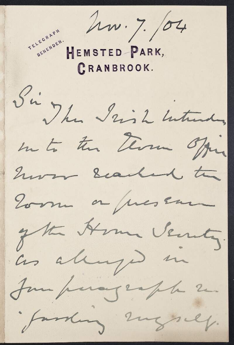 Letter from Cranbrook to unknown recipient, correcting a statement regarding the Irish intrusion into the office,